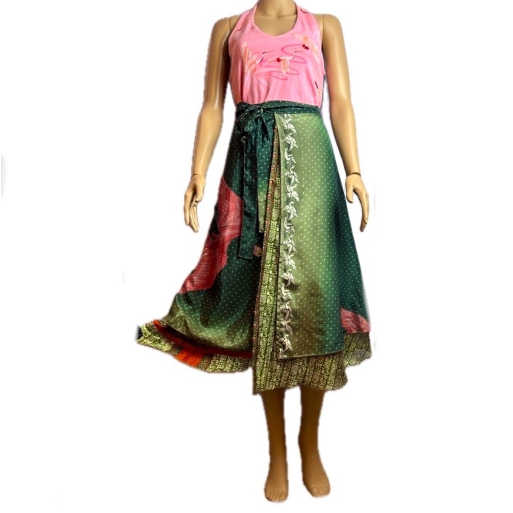 Ombre Green Egret Crane Wraparound Double Layered Reversible Silk Skirt